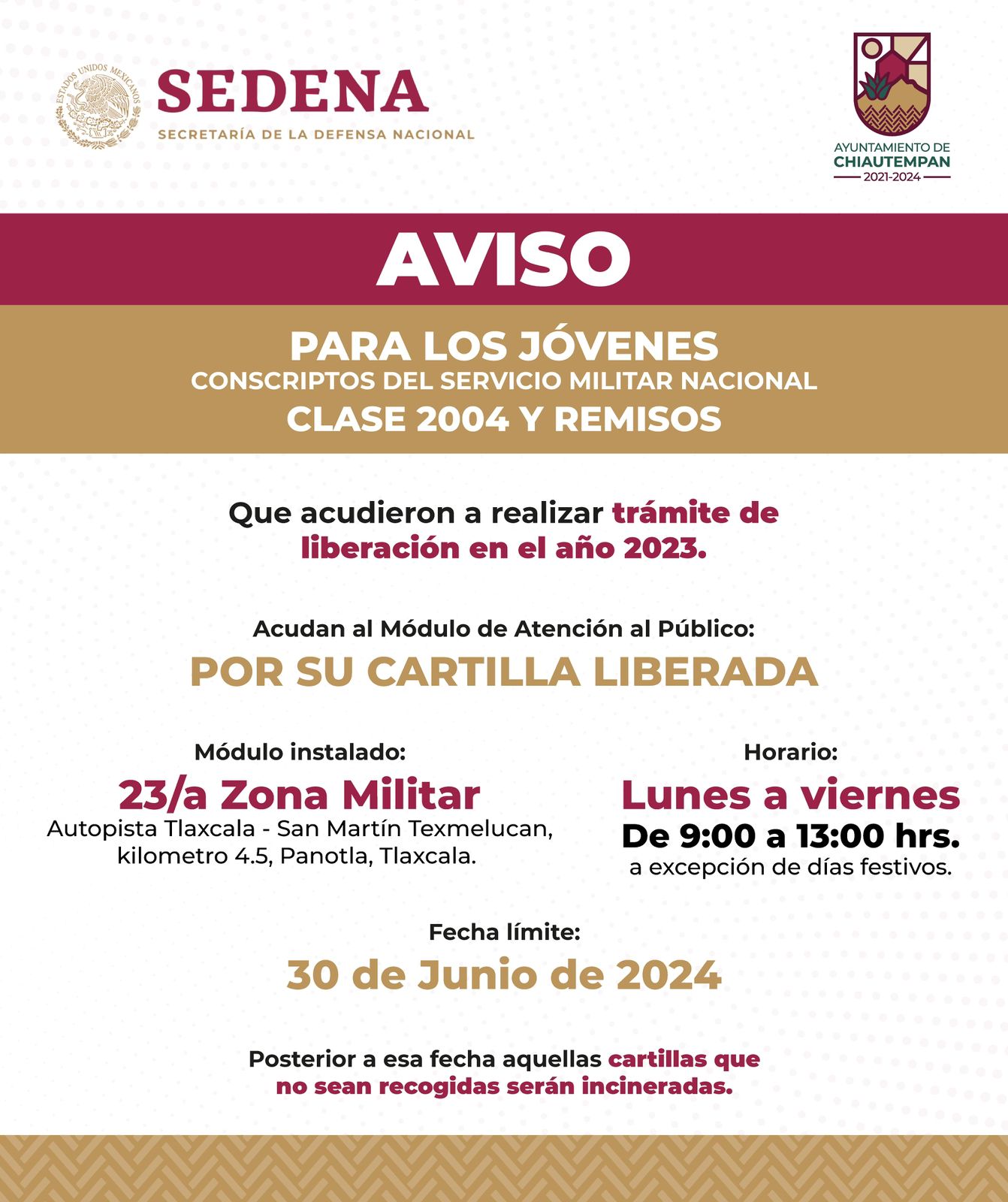 Ayuntamiento de Chiautempan y la Sedena informan sobre trámites de liberación clase 2004